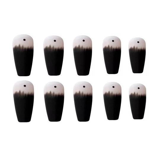 Matte goth black press on nails with frosted finish, long coffin shape, and glass dot detail – glue-on kit surethings