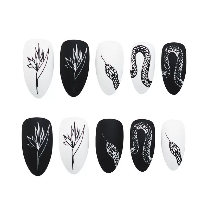 24 Snake Design Matte Black White Press on nails kit glue on edgy goth snake long emo alt hot pointed stiletto medium