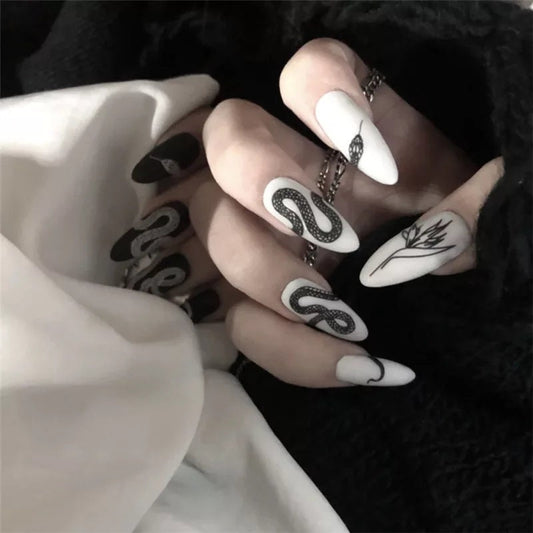 Snake Design Matte Black and White Press On Nails – Edgy Goth Stiletto Kit surethings