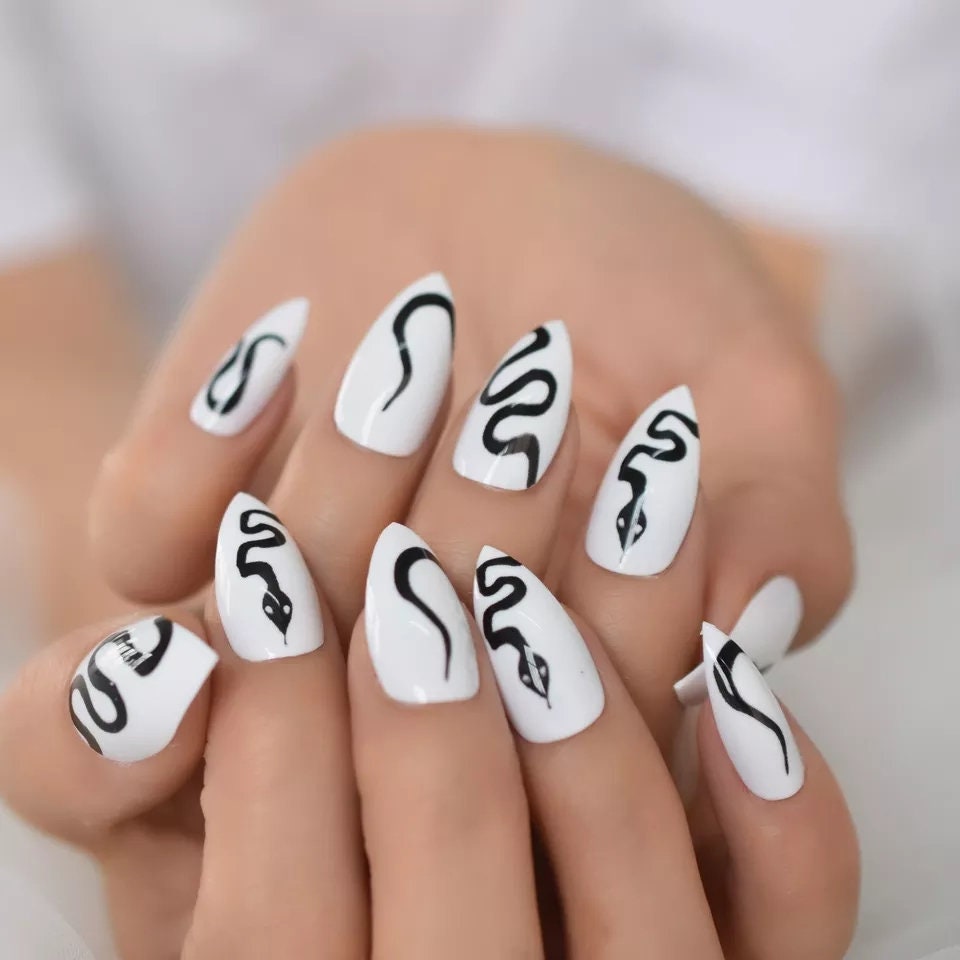 24 Snake Design White Press on nails kit glue on edgy goth snake long emo alt hot pointed stiletto medium