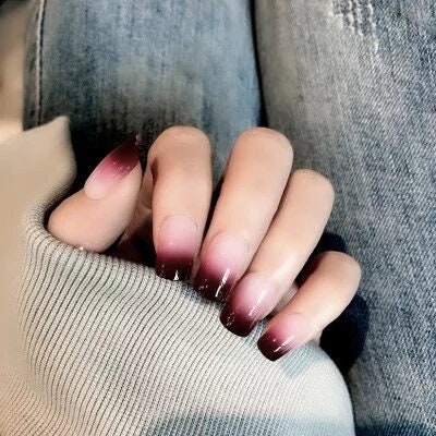 Goth Dark Red Ombre Short Press On Nails with Nude French Tip – Maroon Glue On Kit surethings