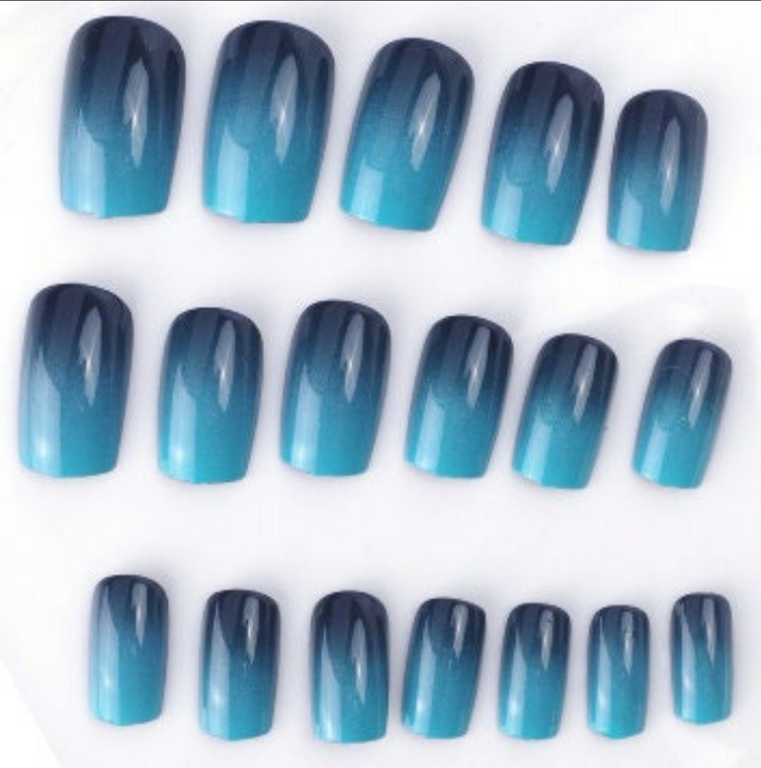 24PCS Blue & Black Ombre Long Press On Nails – Nude Medium French Tip Square Glue-On Set surethings