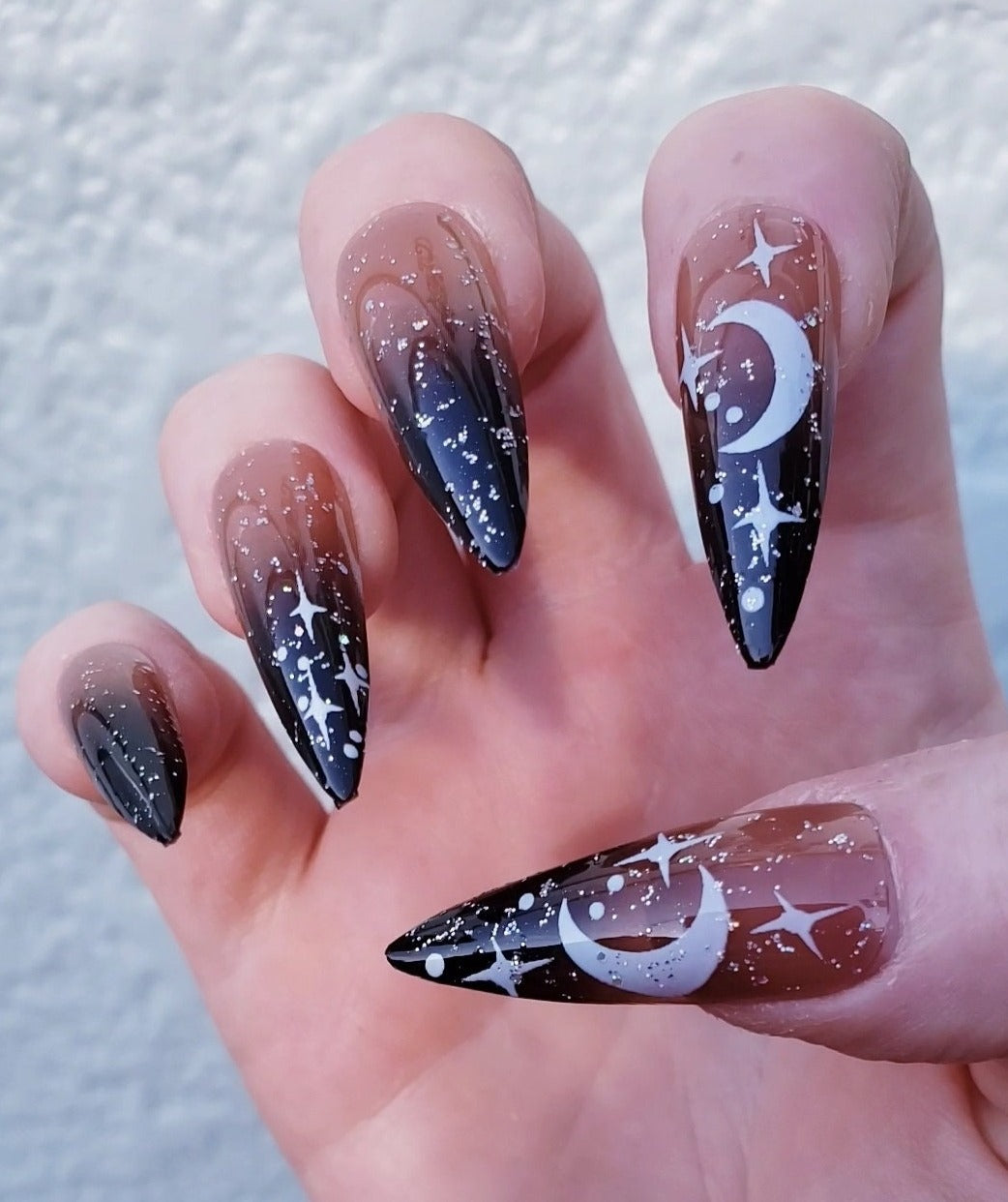 24 Witchy black ombre stiletto Long Press on nails kit glue on Goth celestial moon stars alt edgy glitter clear Halloween