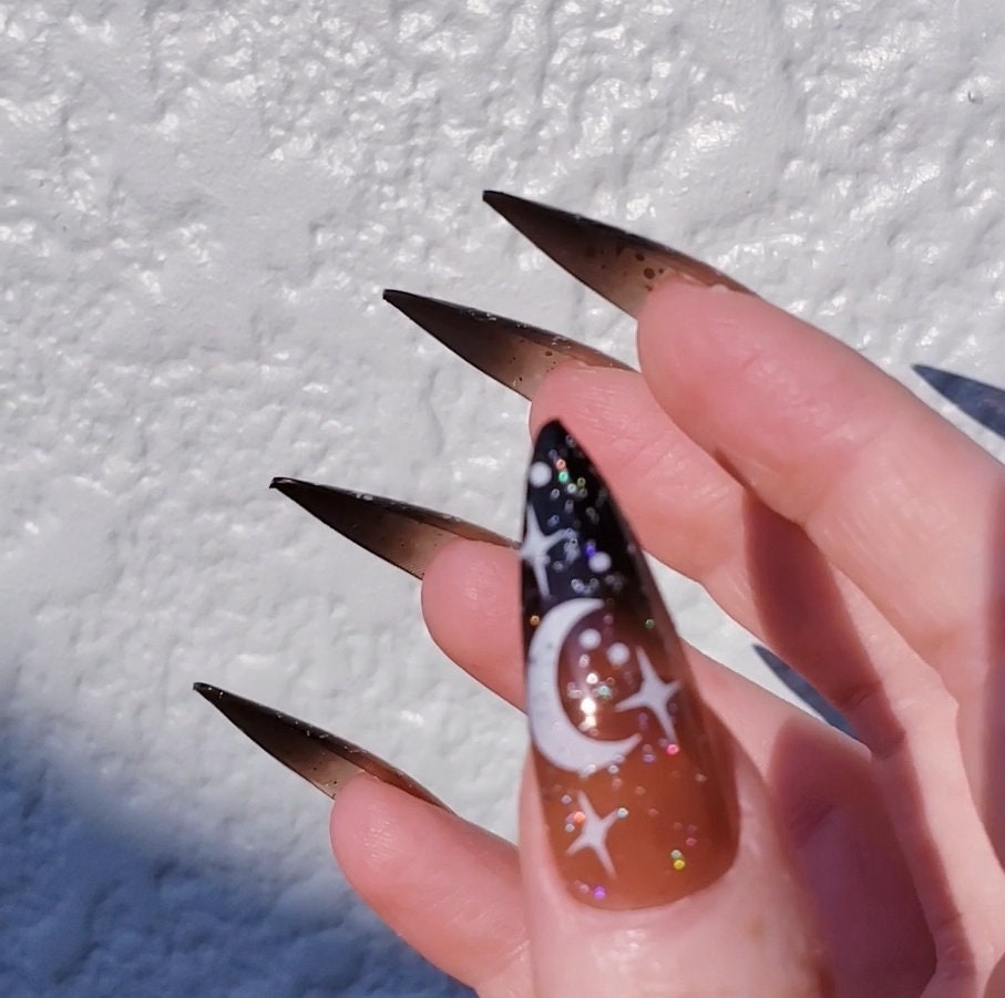 24 Witchy black ombre stiletto Long Press on nails kit glue on Goth celestial moon stars alt edgy glitter clear Halloween 