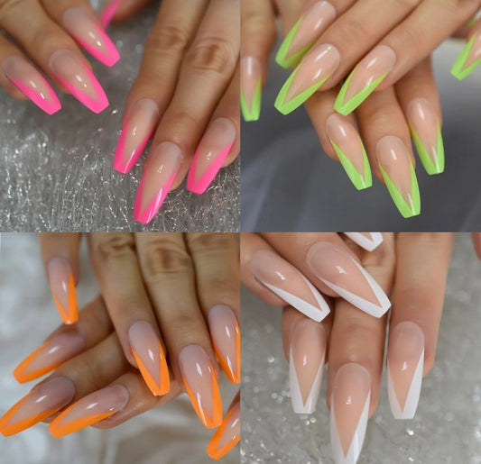 V Tip French Long Press On Nails – Green Rim, Nude Neon Pink Orange White Border surethings