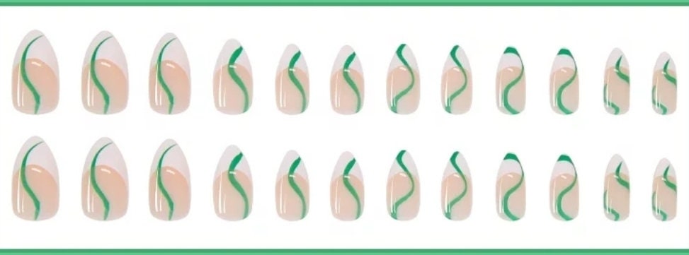Green and White Swirl French Tip Almond Press On Nails – Medium Nude Lava Set surethings