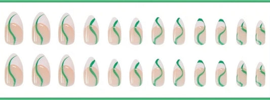 Green and White Swirl French Tip Almond Press On Nails – Medium Nude Lava Set surethings