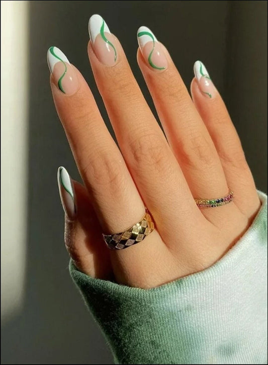 Green and White Swirl French Tip Almond Press On Nails – Medium Nude Lava Set surethings