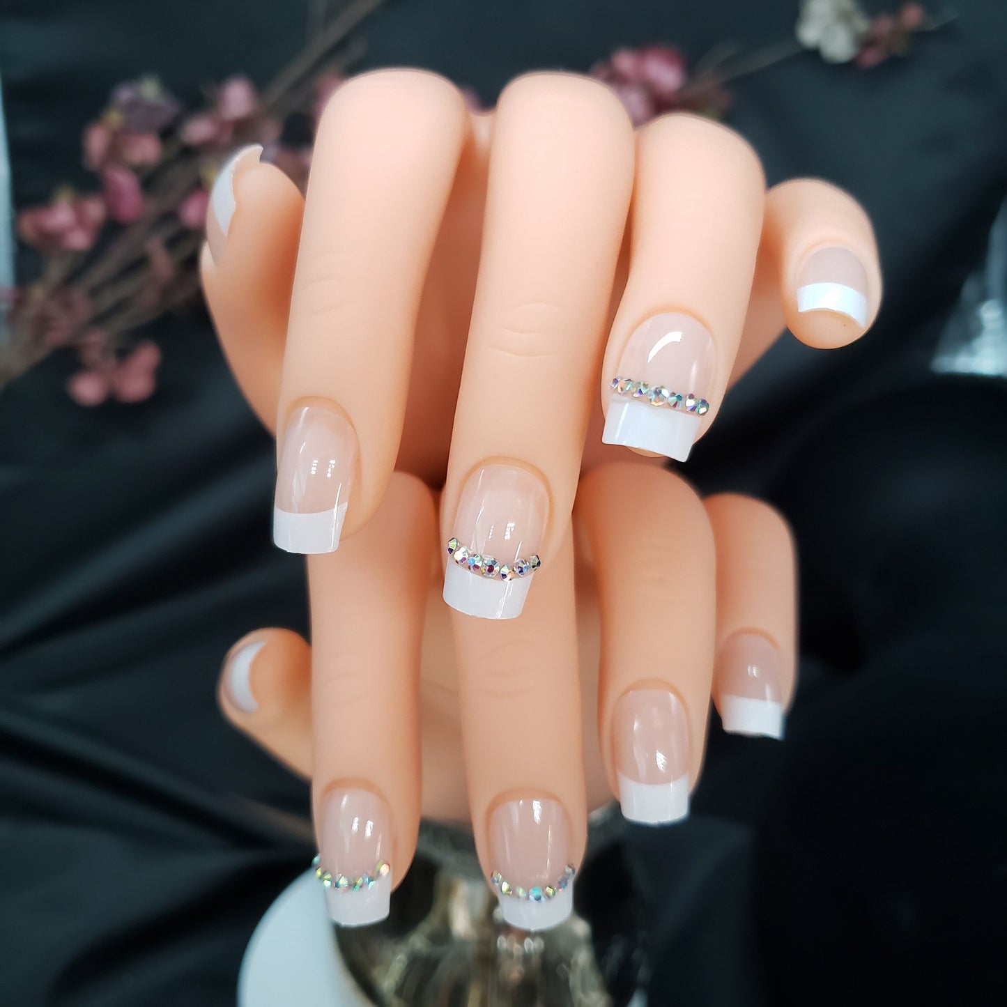 French Tip Nude Rhinestone White Press On Nails – Glue On Classic Boomer Style surethings