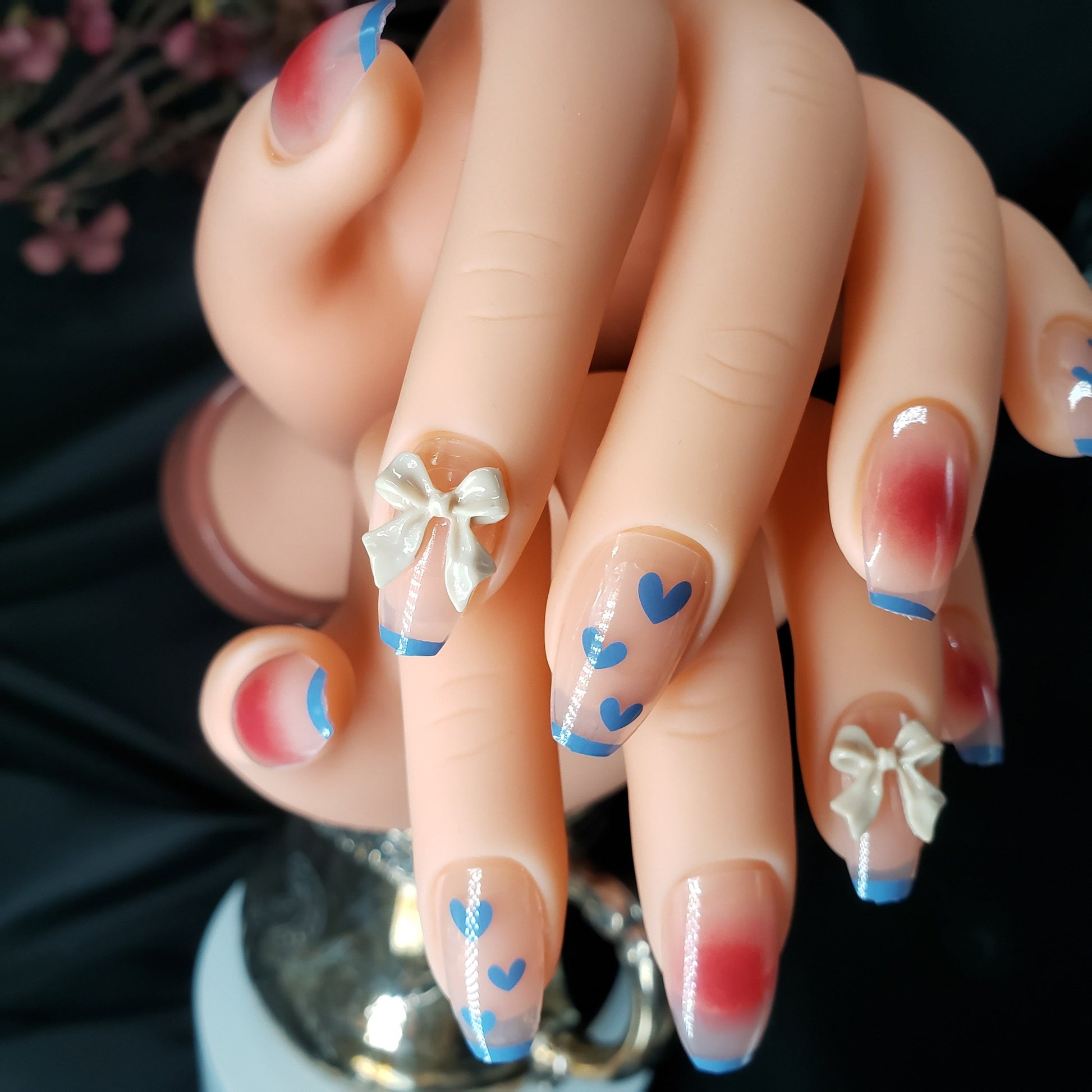 Coffin Long Press On Nails with Blue Tips, Hearts, Bows – Kawaii Jelly Design surethings