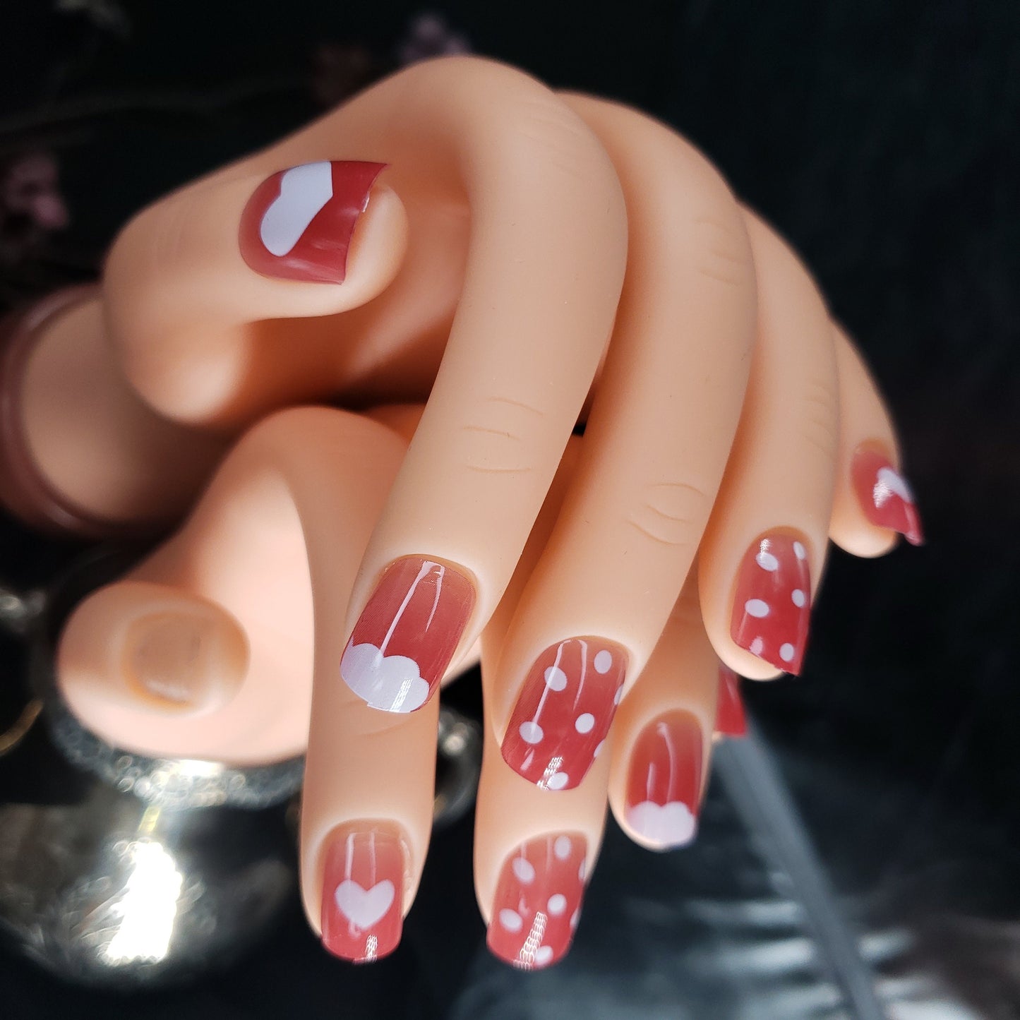 24 Short Press On Nails Hearts polka dots red glue on cute kawaii rosy clouds white jelly