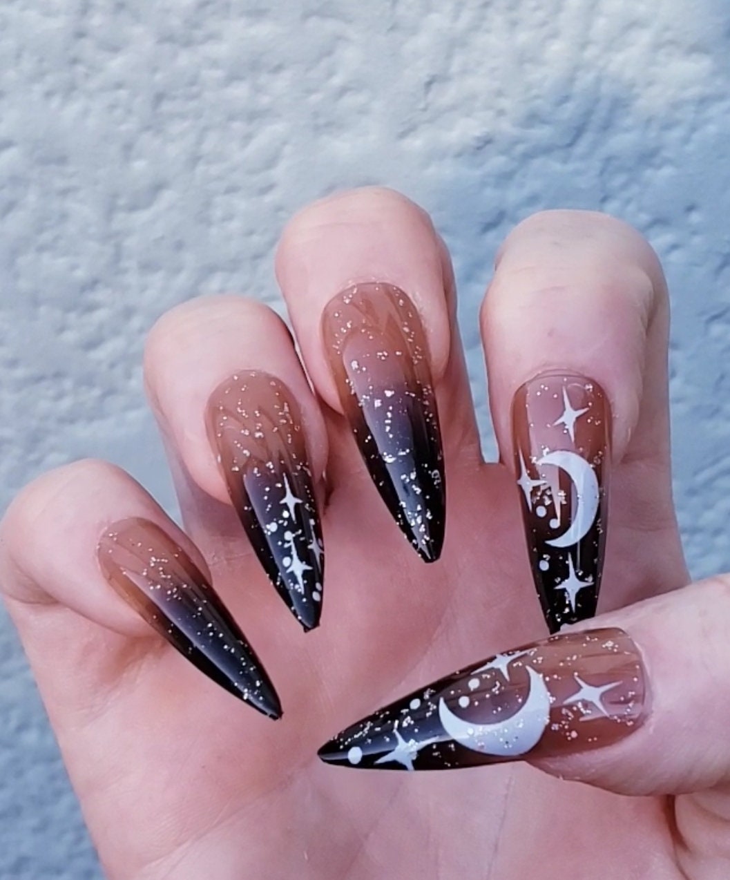 24 Witchy black ombre stiletto Long Press on nails kit glue on Goth celestial moon stars alt edgy glitter clear Halloween