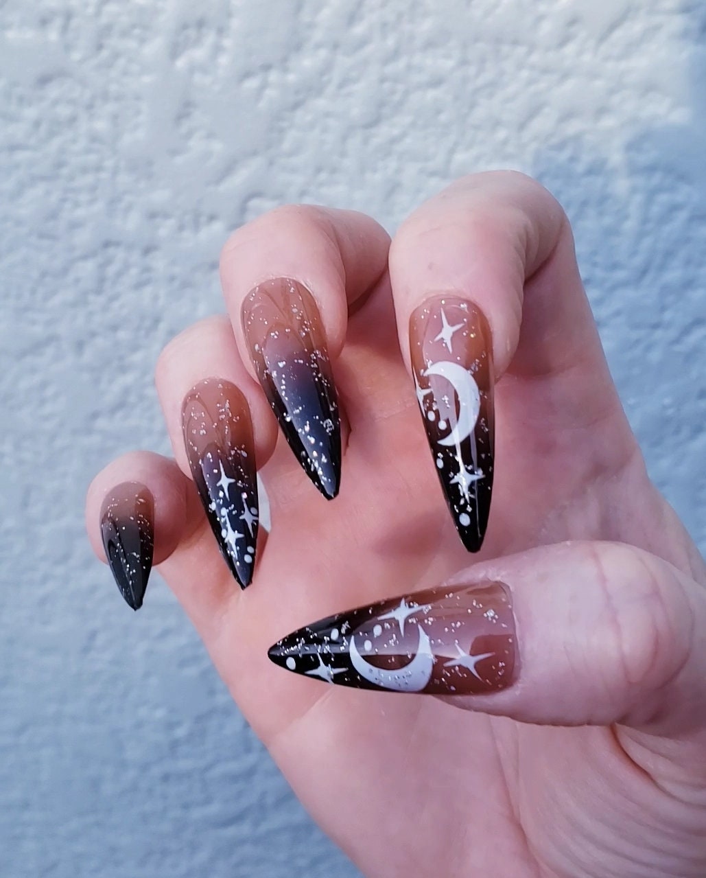 24 Witchy black ombre stiletto Long Press on nails kit glue on Goth celestial moon stars alt edgy glitter clear Halloween