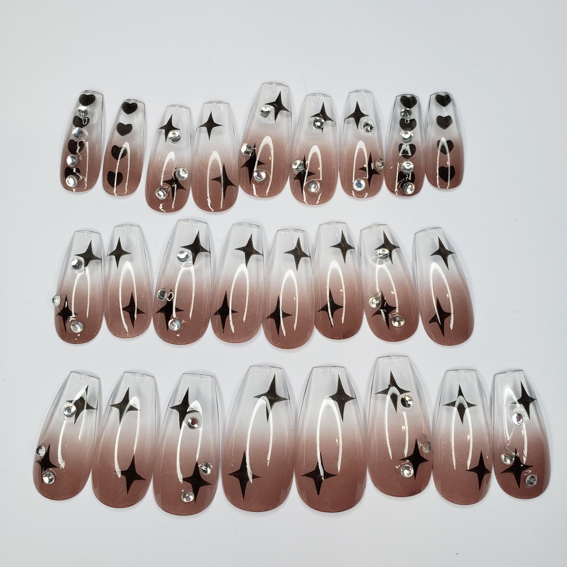 24PCS Jelly Bling Long Press-On Nails Coffin Gray Purple Clear Black Star Sparkle Gem Design with Glue DIY Kit surethings