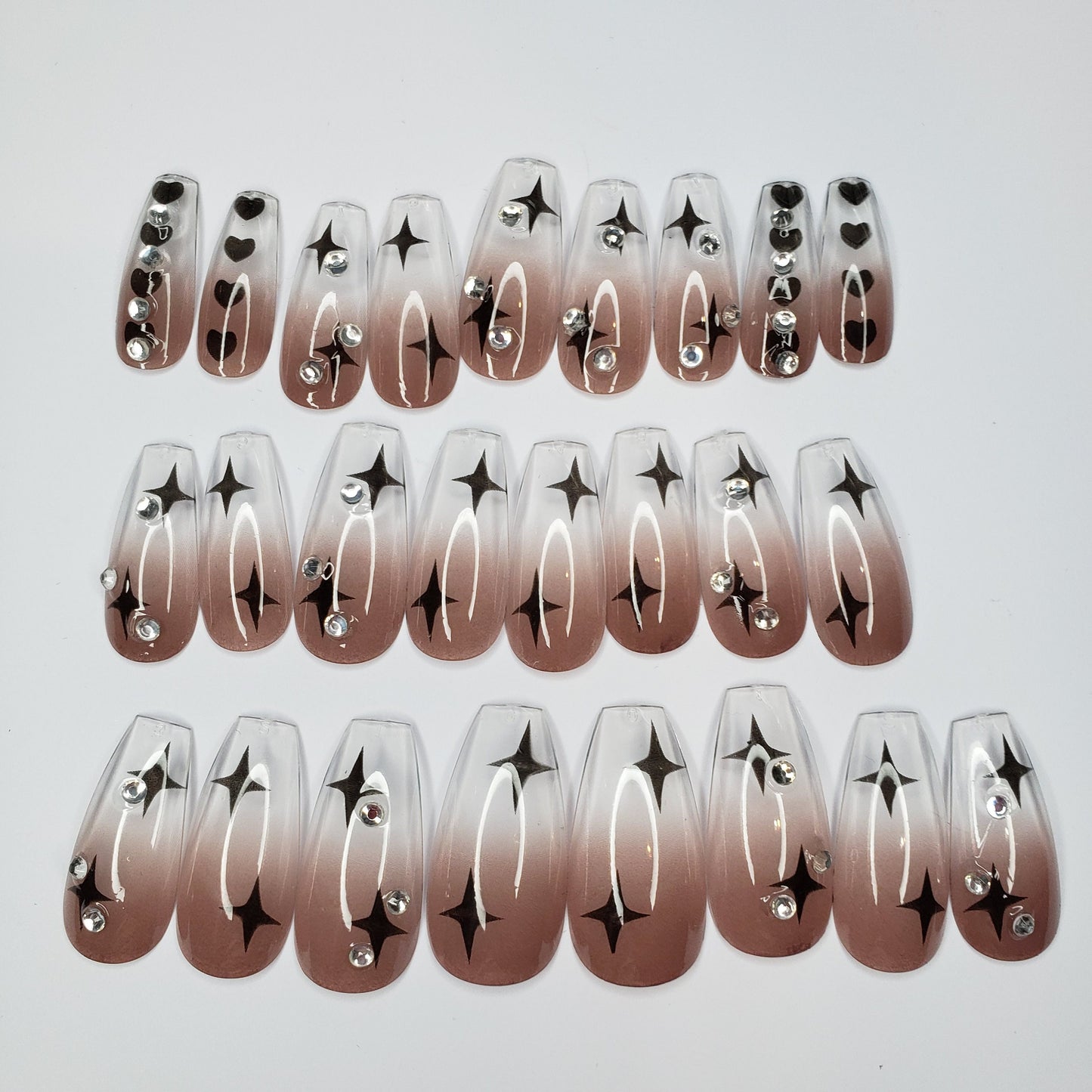 24PCS Jelly Bling Long Press-On Nails Coffin Gray Purple Clear Black Star Sparkle Gem Design with Glue DIY Kit surethings