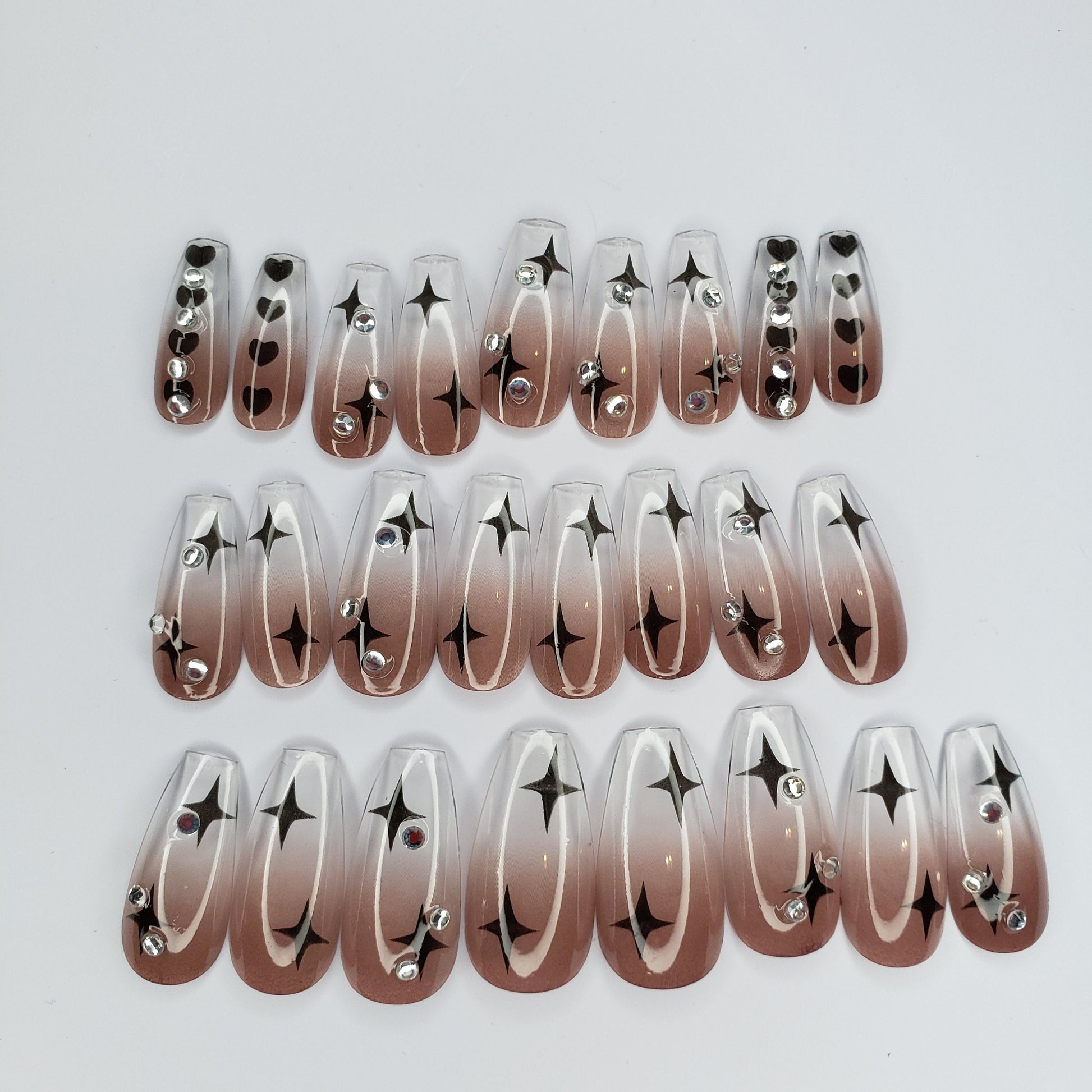 24PCS Jelly Bling Long Press-On Nails Coffin Gray Purple Clear Black Star Sparkle Gem Design with Glue DIY Kit surethings