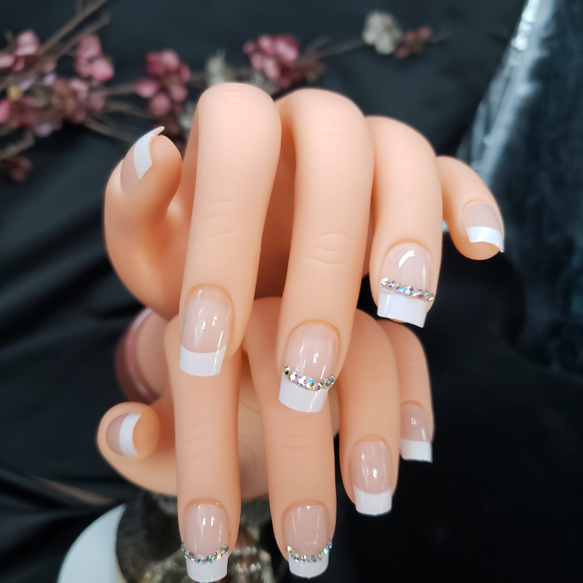 French Tip Nude Rhinestone White Press On Nails – Glue On Classic Boomer Style surethings
