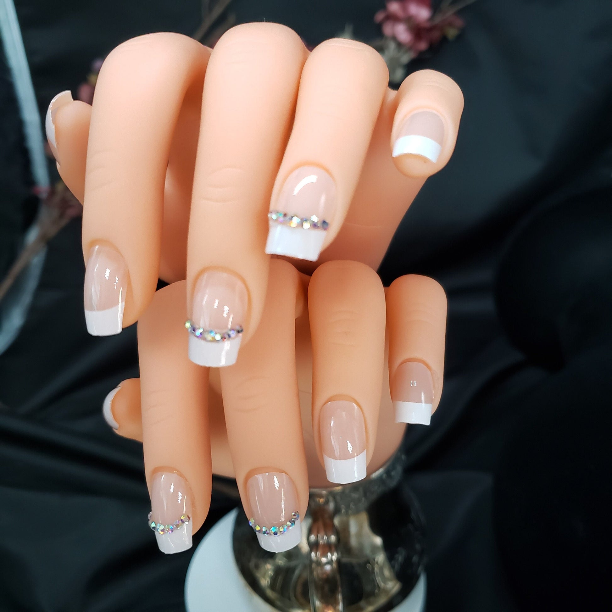 French Tip Nude Rhinestone White Press On Nails – Glue On Classic Boomer Style surethings