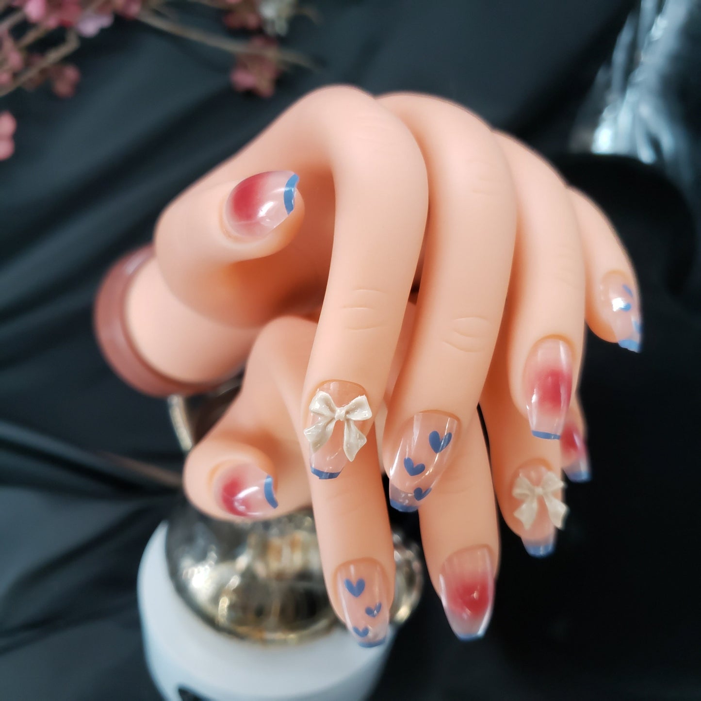 Coffin Long Press On Nails with Blue Tips, Hearts, Bows – Kawaii Jelly Design surethings