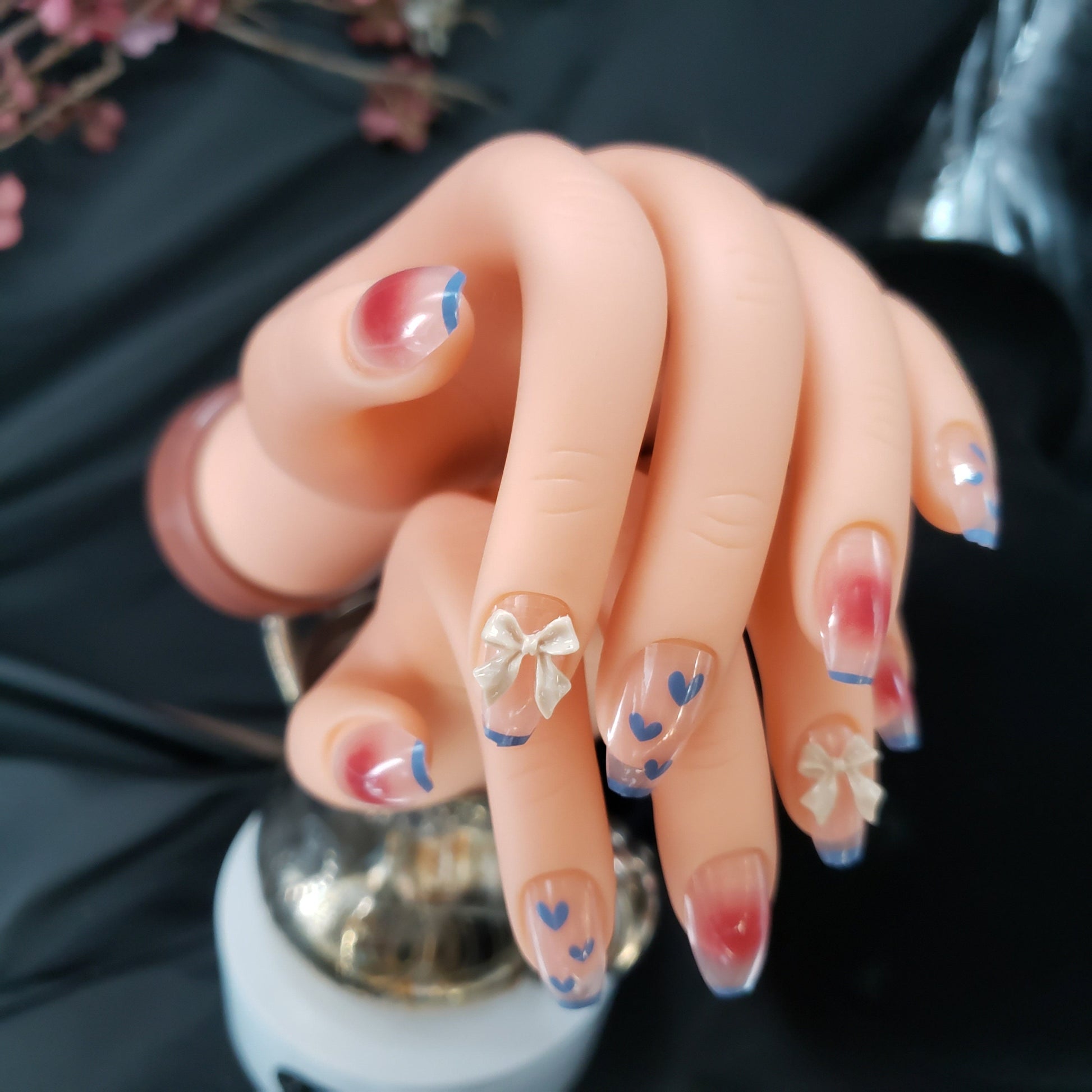 Coffin Long Press On Nails with Blue Tips, Hearts, Bows – Kawaii Jelly Design surethings