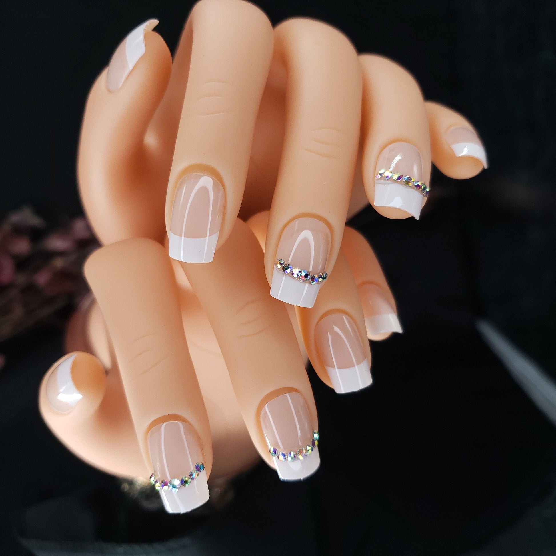 French Tip Nude Rhinestone White Press On Nails – Glue On Classic Boomer Style surethings