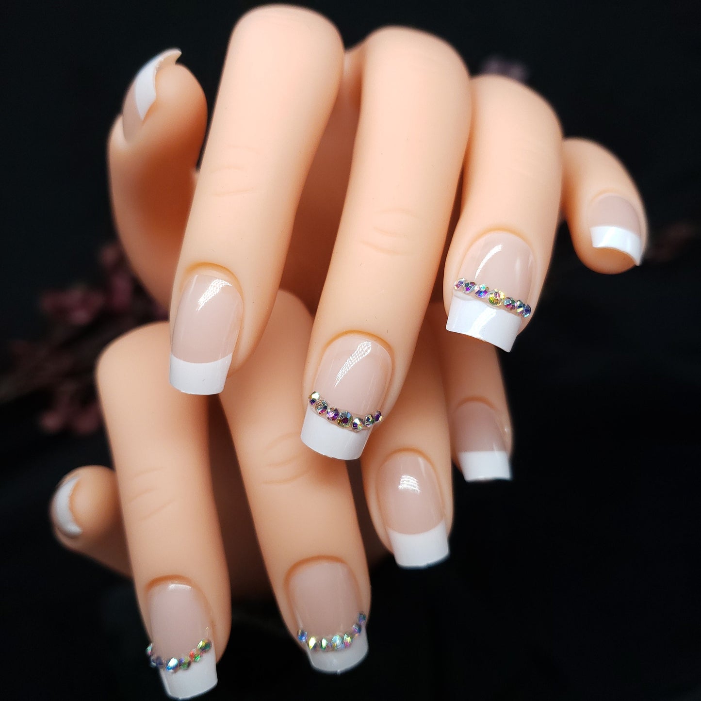 French Tip Nude Rhinestone White Press On Nails – Glue On Classic Boomer Style surethings