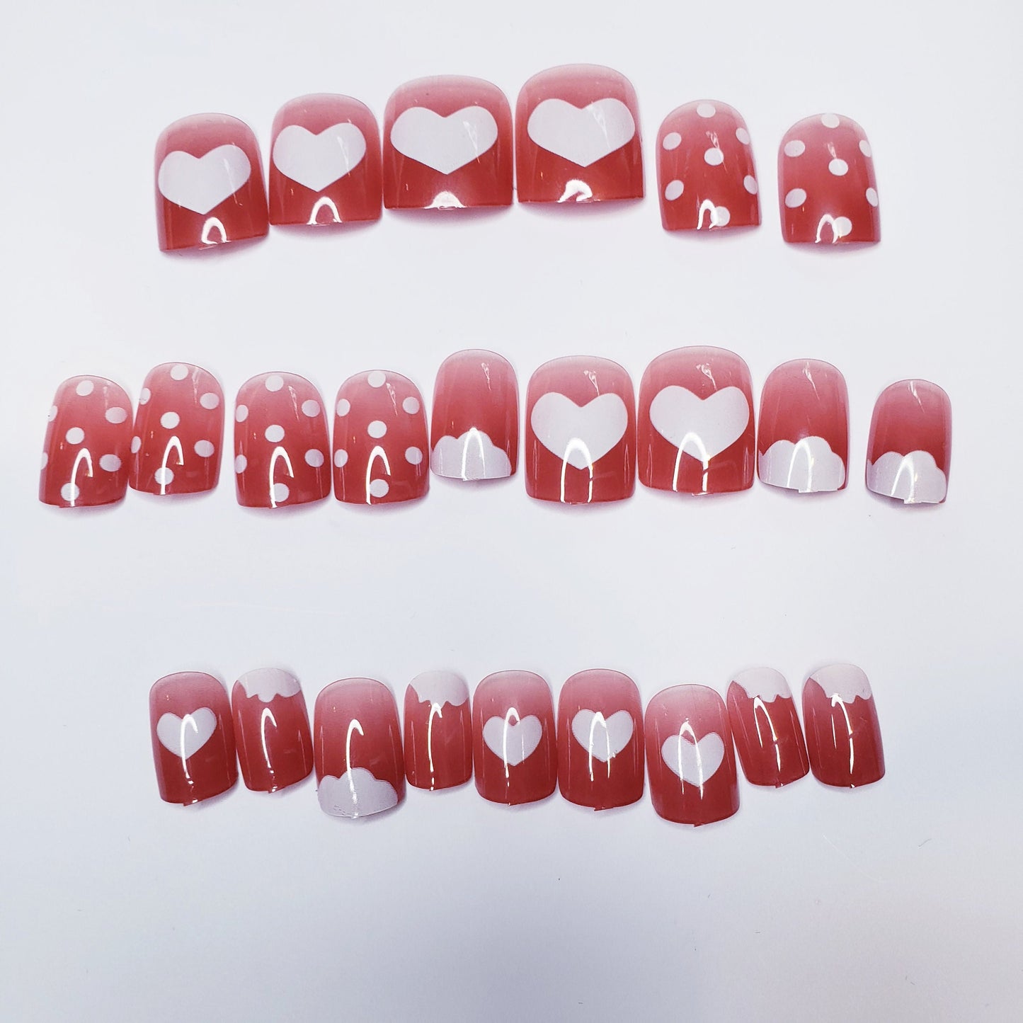 24 Short Press On Nails Hearts polka dots red glue on cute kawaii rosy clouds white jelly