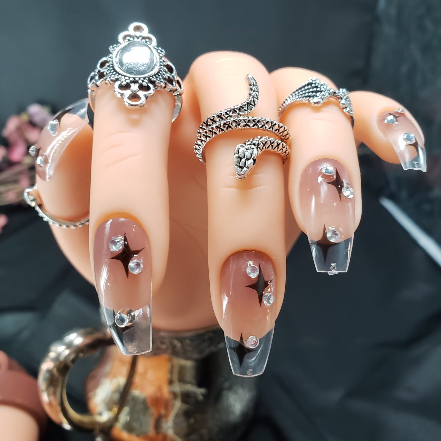 24PCS Jelly Bling Long Press-On Nails Coffin Gray Purple Clear Black Star Sparkle Gem Design with Glue DIY Kit surethings