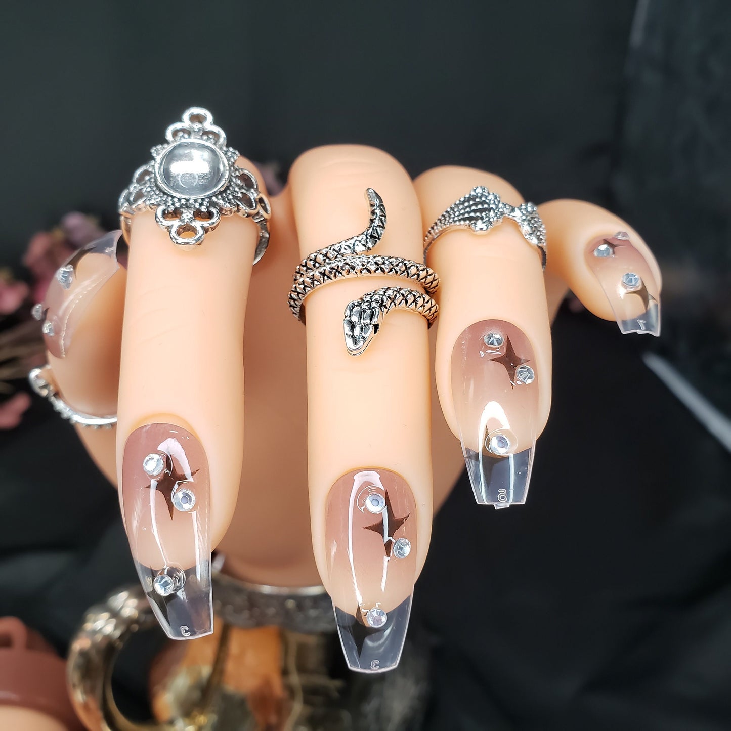 24PCS Jelly Bling Long Press-On Nails Coffin Gray Purple Clear Black Star Sparkle Gem Design with Glue DIY Kit surethings