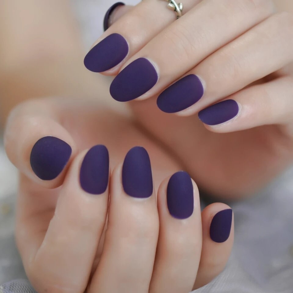 Dark purple press-on nails with elegant glossy and matte nail designs for stylish everyday wear-surethings