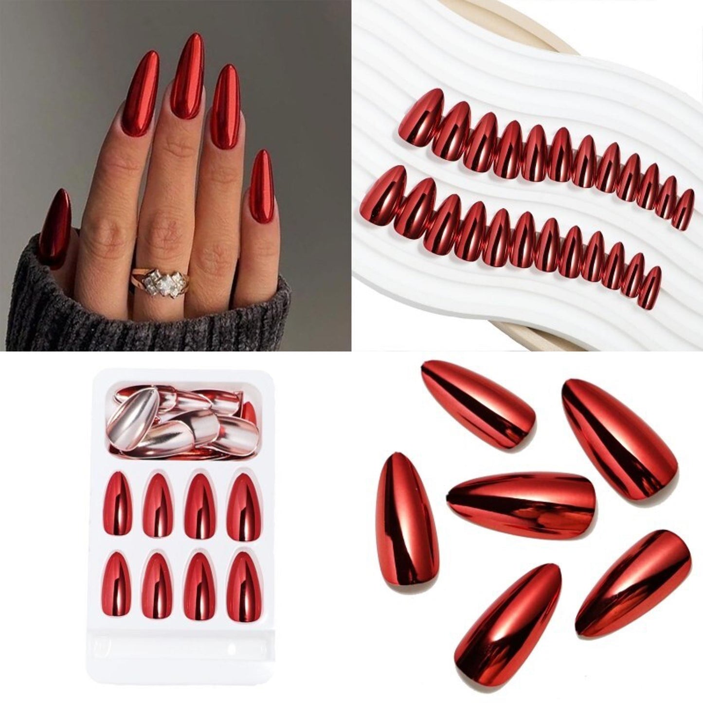 24 Red Chrome Press On Nails Kit with glue Medium Almond Metallic Mirror