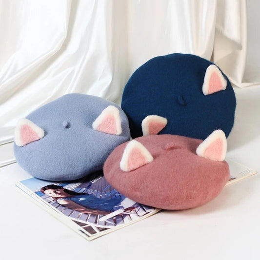 Cute Cat Ear Beret: Kawaii Wool Winter Hat & Cap (High Quality) Mauve Pink