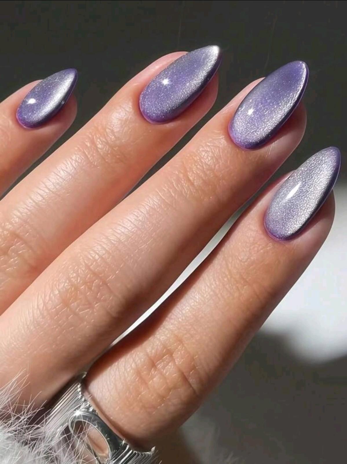 24 PURPLE GALAXY CAT EYE Press on nails kit with glue Medium almond gel mani