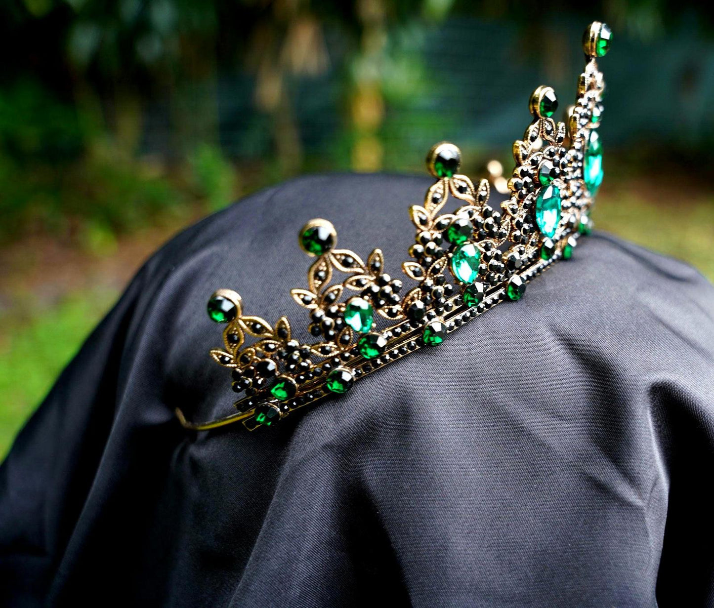 Green Crystal Tiara Bridal Goth Black Crown Birthday Wedding Gift Diadem Vintage