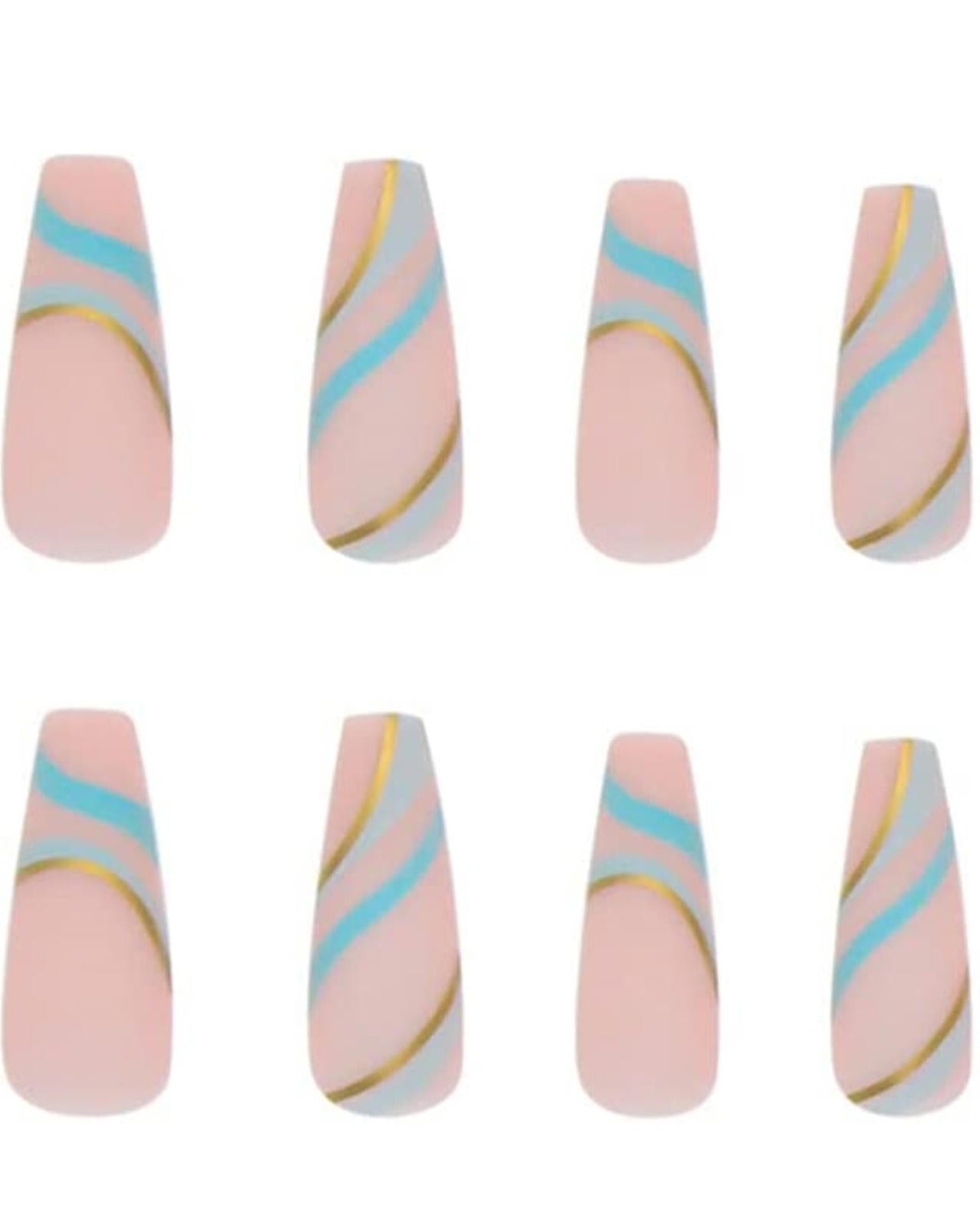 24 Press on nails Kit w Glue Matte turquoise nude greek goddess gold extra long