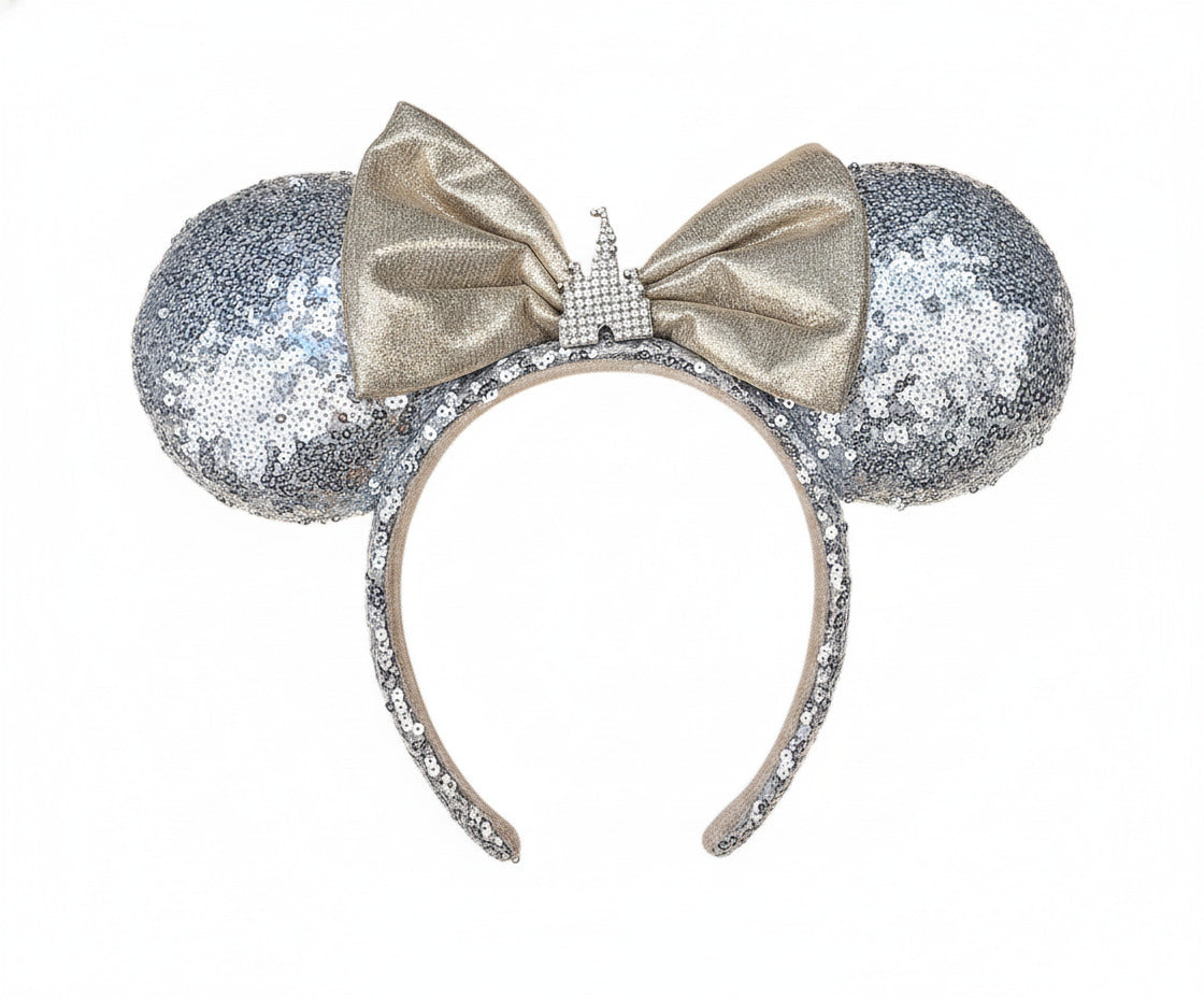 Disney Inspired Minnie Mouse Castle Ears Headband Silver Sequined Metallic Bow