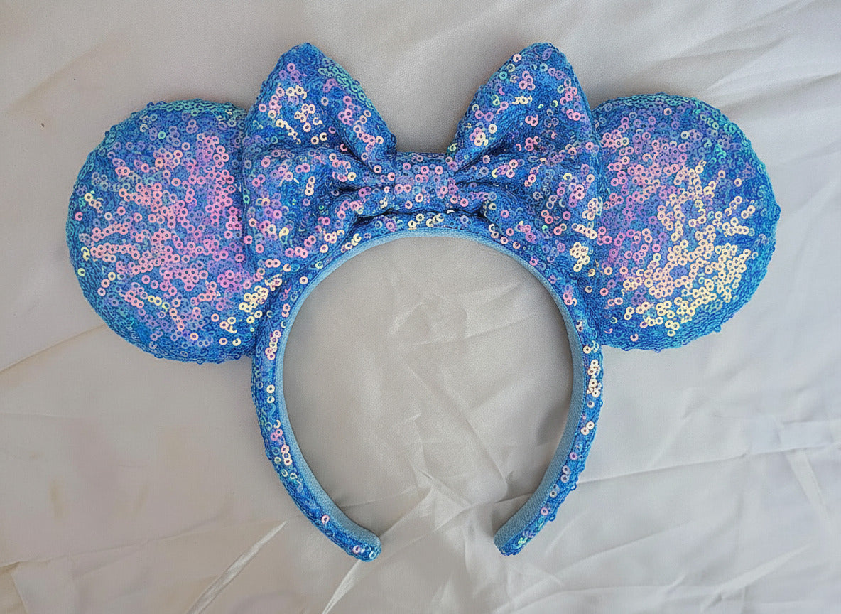 Aurora Blue Sequin Minnie Mickey Mouse Ears Bow Headband Gifts