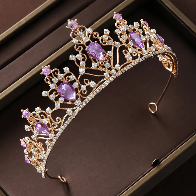 Gold Purple Tiara Crown Princess Queen headress jewelry bridal real metal cosplay diadem Wedding pageant gift