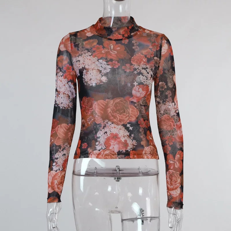 Elegant Rose Sheer Mesh Going out tops for women long sleeve full waist shirt floral colorful see through black red