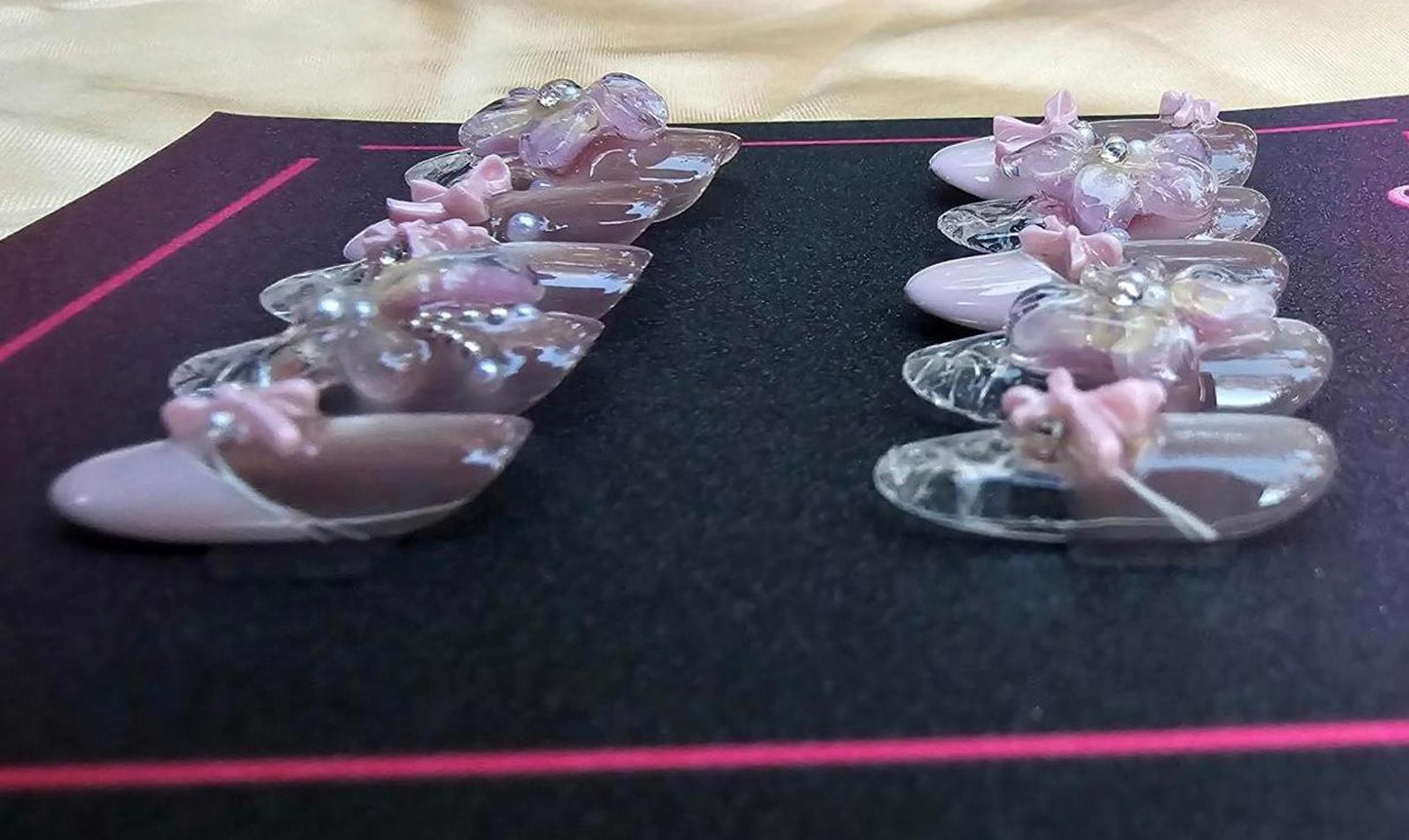 Handmade Pink Bow Ballerina Press on Nails kit with glue size Medium