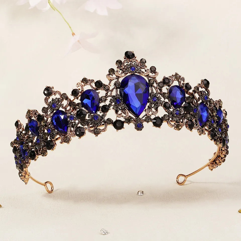 Vintage Dark Blue Tiara Crown Royal Princess Queen Bridgerton gift bridal goth cosplay diadem 