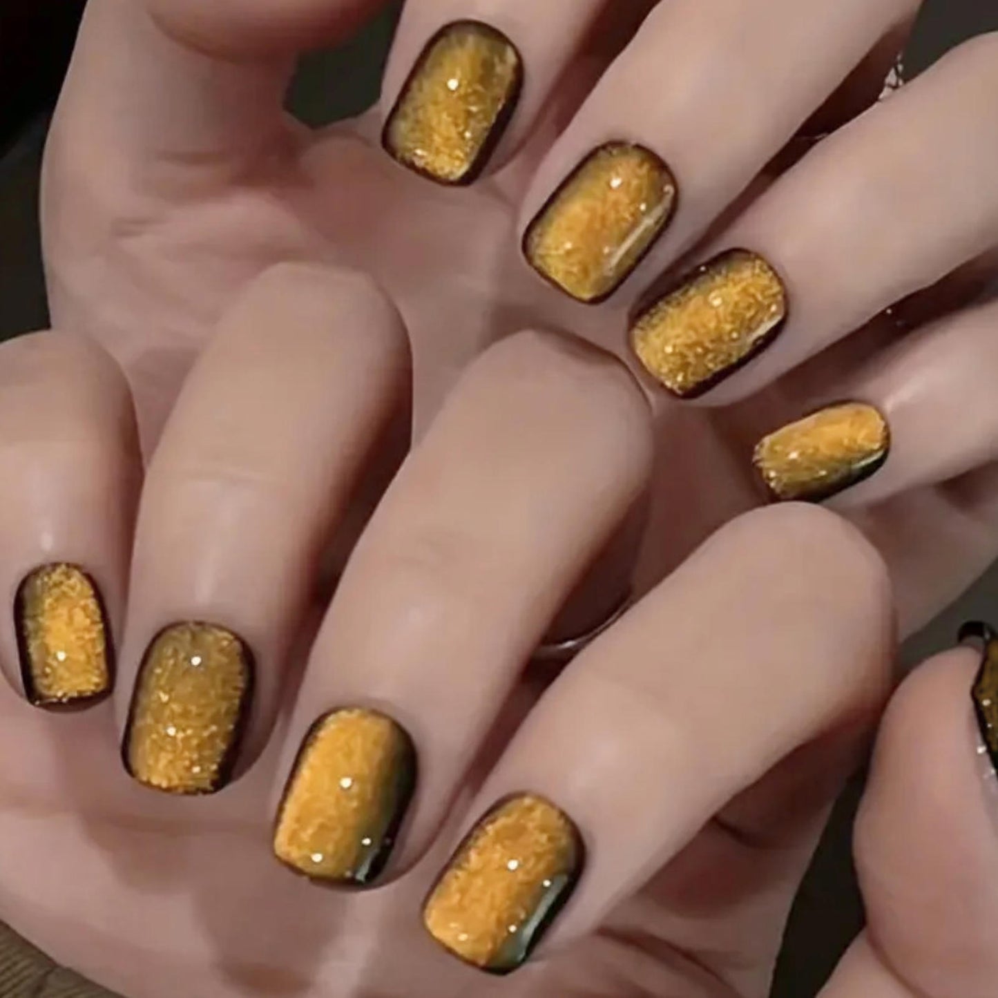 SHORT CAT EYE Gold Rust Full Cover 24 Square Nail Tips Press On Glue Set!