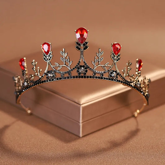 Goth Red Black Tiara Crown Detailed Princess Queen headdress dark bridal Halloween cosplay diadem