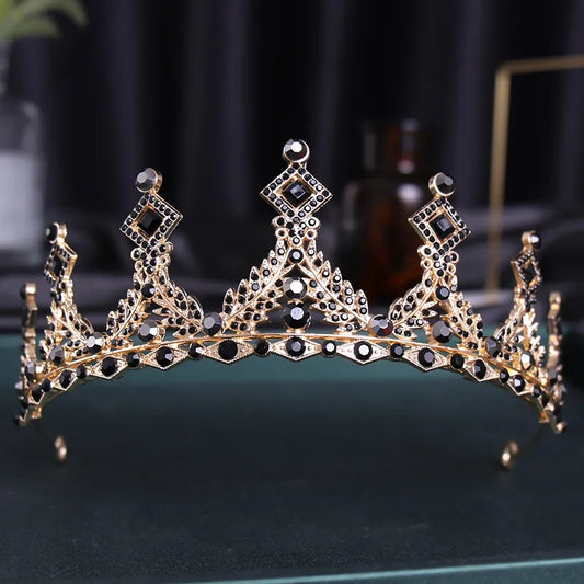 Vintage Baroque Tiara Dark Crown Goth Black Gold King Evil Queen diadem headdress bridal Halloween cosplay Wedding pageant royalty
