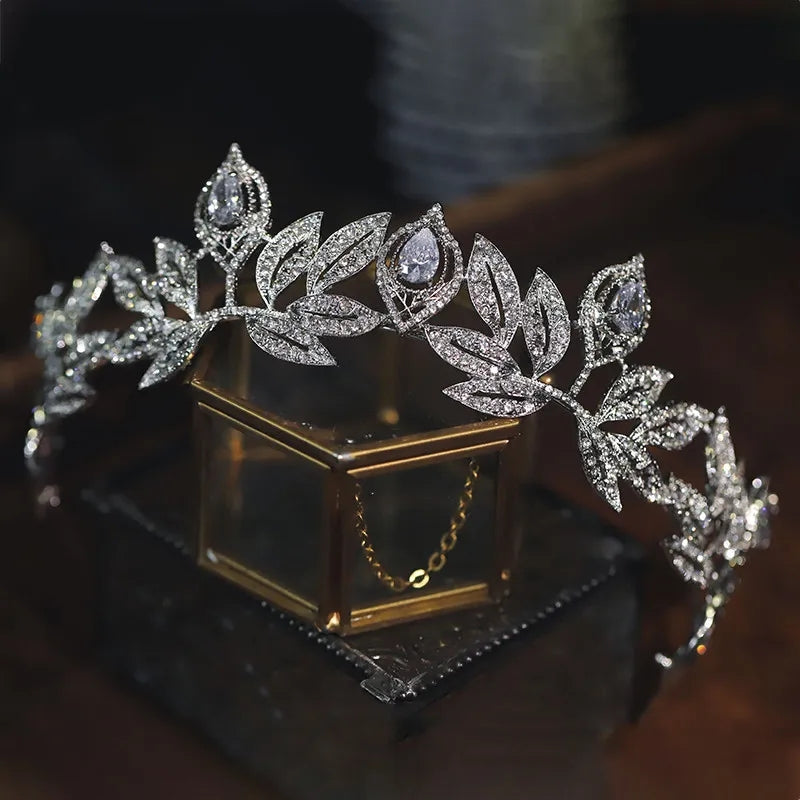 Icy Vintage Silver leaf Tiara Crown Set Princess Queen diadem 