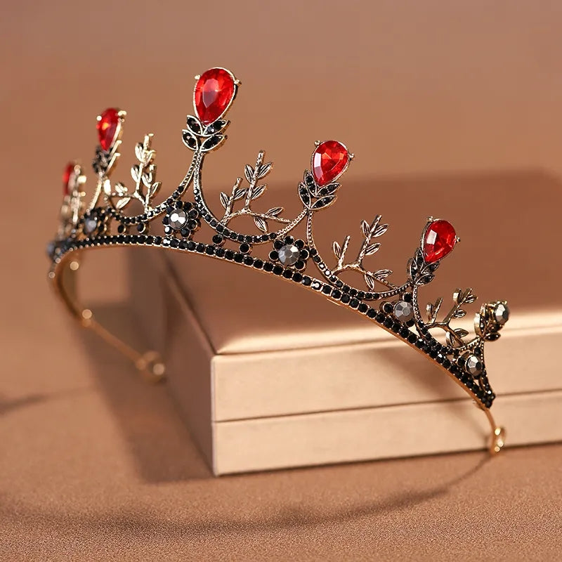 Goth Red Crystal ruby Black Tiara Crown Detailed Princess Queen