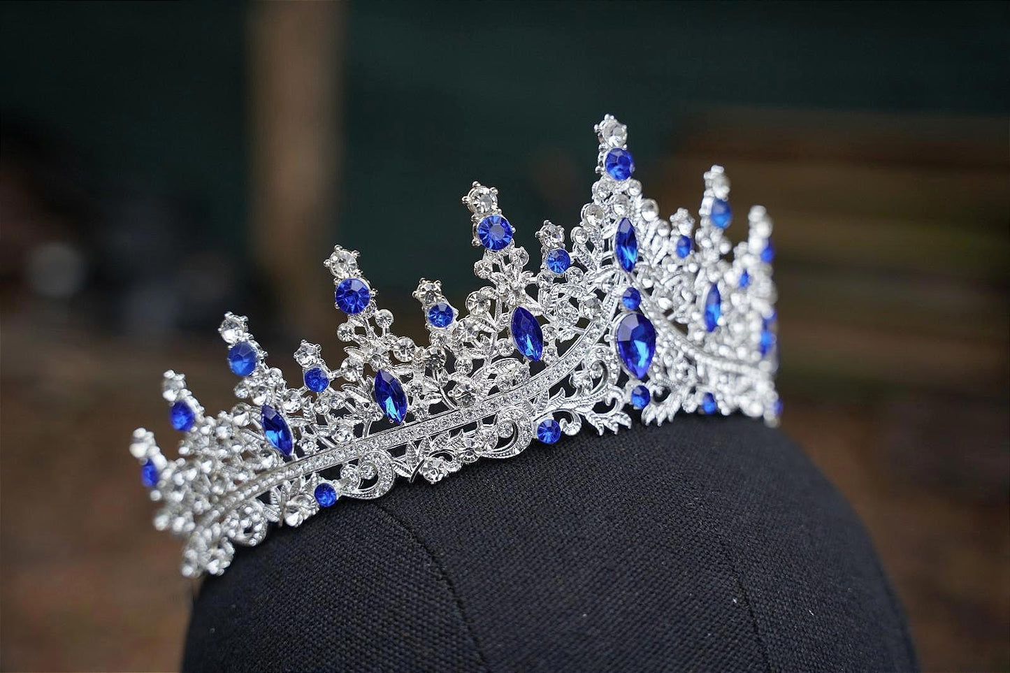 Royal Blue Crystal Tiara Bridal Silver Crown Birthday Wedding Gift Diadem