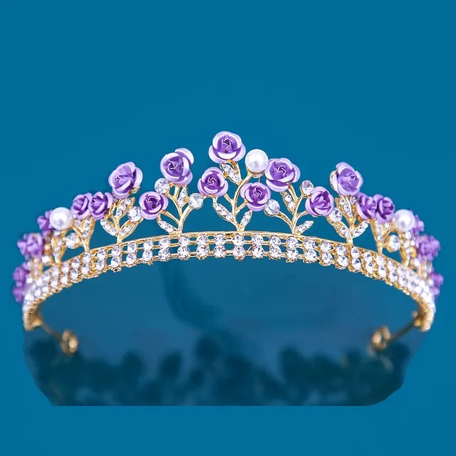 Purple Rose Crown Princess Queen headdress Bridgerton gift bridal real metal cosplay diadem Wedding pageant gold gems diamond pearls light