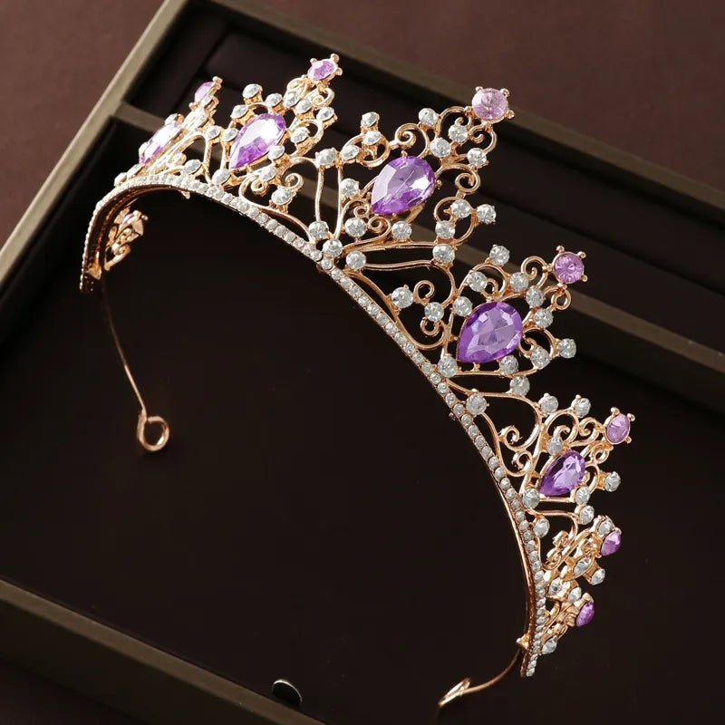 Gold Purple Tiara Crown Princess Queen headress jewelry bridal real metal cosplay diadem Wedding pageant gift