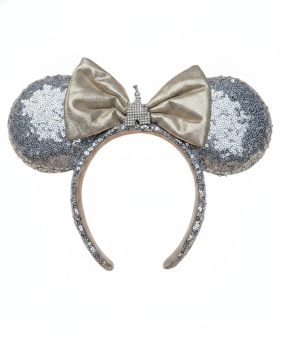 Disney Inspired Minnie Mouse Castle Ears Headband Silver Sequined Metallic Bow
